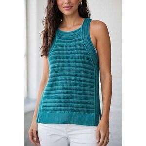 LOFT Teal Striped Knit Sweater Tank Top Sleeveless Side Slit Size S